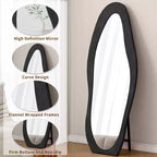63x24in Irregular Wavy Flannel Body Mirror, Wooden Frame Full Length Mirror with Stand, Wall Mirror for Dressing Room, Living Room