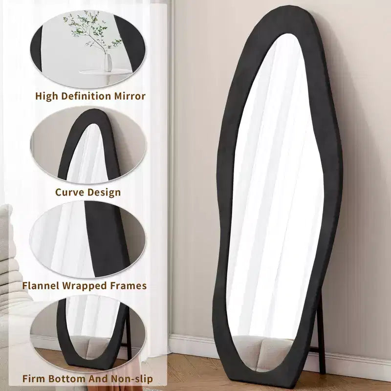 63x24in Irregular Wavy Flannel Body Mirror, Wooden Frame Full Length Mirror with Stand, Wall Mirror for Dressing Room, Living Room