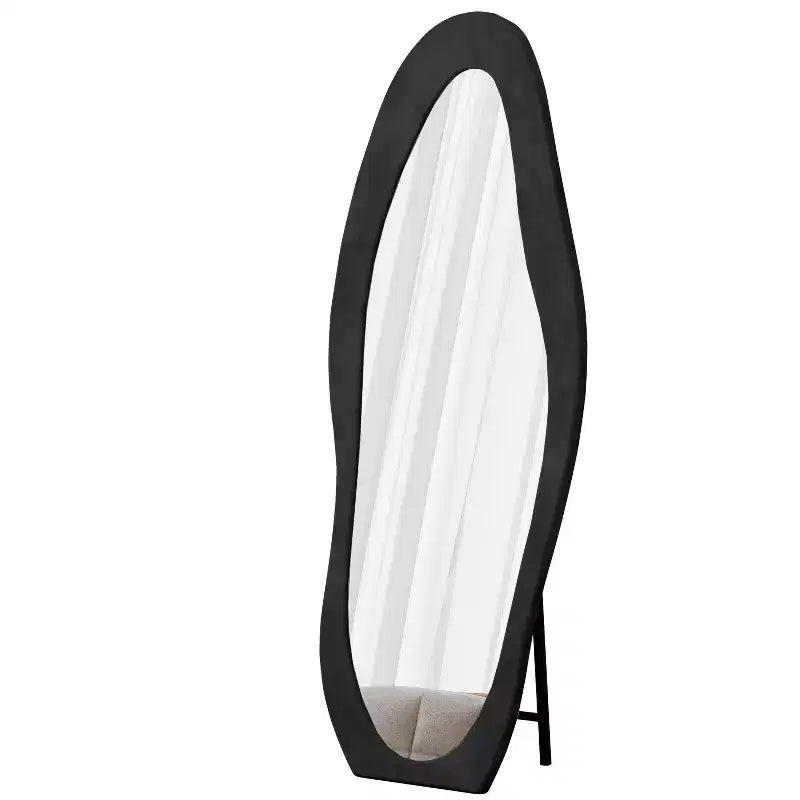 63x24in Irregular Wavy Flannel Body Mirror, Wooden Frame Full Length Mirror with Stand, Wall Mirror for Dressing Room, Living Room