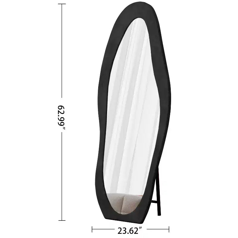 63x24in Irregular Wavy Flannel Body Mirror, Wooden Frame Full Length Mirror with Stand, Wall Mirror for Dressing Room, Living Room
