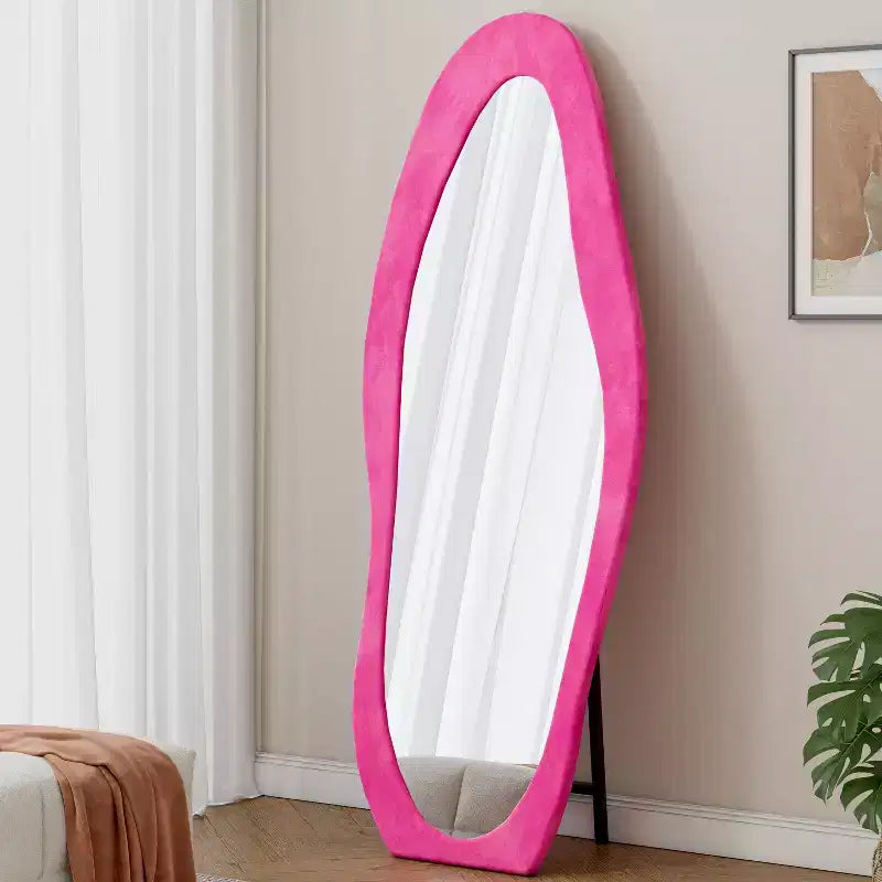 63x24in Irregular Wavy Flannel Body Mirror, Wooden Frame Full Length Mirror with Stand, Wall Mirror for Dressing Room, Living Room