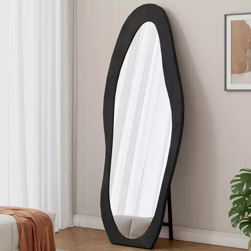 63x24in Irregular Wavy Flannel Body Mirror, Wooden Frame Full Length Mirror with Stand, Wall Mirror for Dressing Room, Living Room