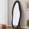 63x24in Irregular Wavy Flannel Body Mirror, Wooden Frame Full Length Mirror with Stand, Wall Mirror for Dressing Room, Living Room