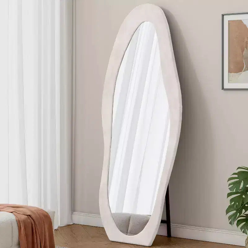 63x24in Irregular Wavy Flannel Body Mirror, Wooden Frame Full Length Mirror with Stand, Wall Mirror for Dressing Room, Living Room