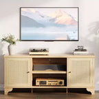 Rattan TV Stand for Living Room, Boho Entertainment Center for 55-70 Inch TV with Storage and Shelf