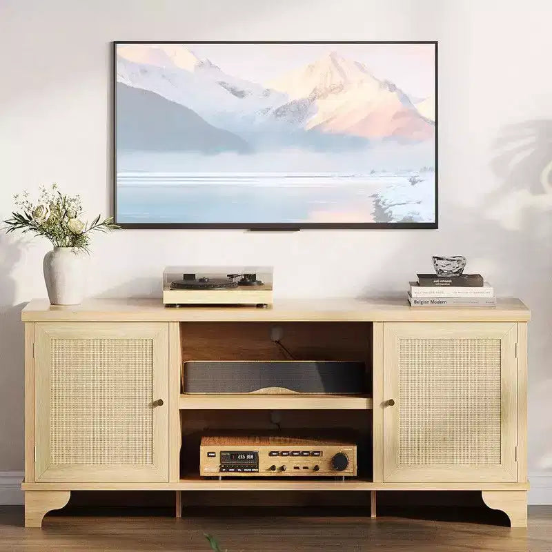 Rattan TV Stand for Living Room, Boho Entertainment Center for 55-70 Inch TV with Storage and Shelf