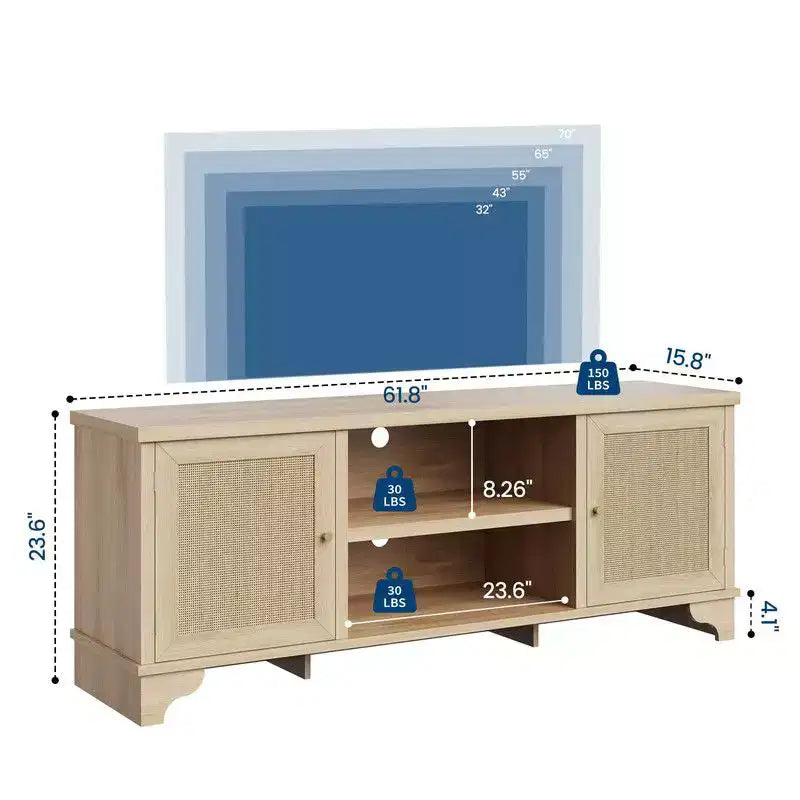Rattan TV Stand for Living Room, Boho Entertainment Center for 55-70 Inch TV with Storage and Shelf