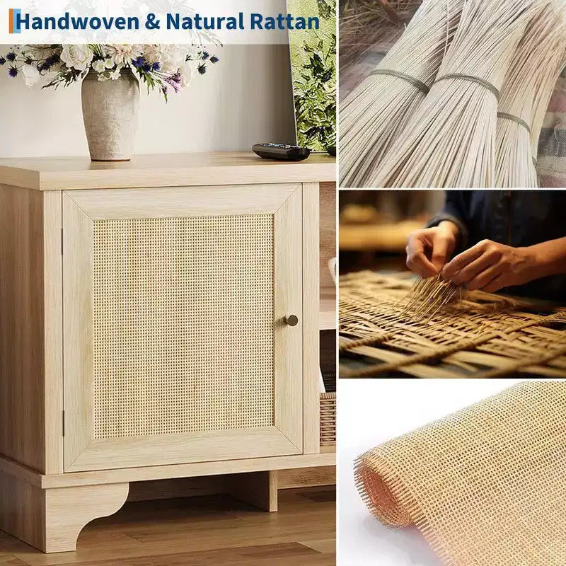 Rattan TV Stand for Living Room, Boho Entertainment Center for 55-70 Inch TV with Storage and Shelf