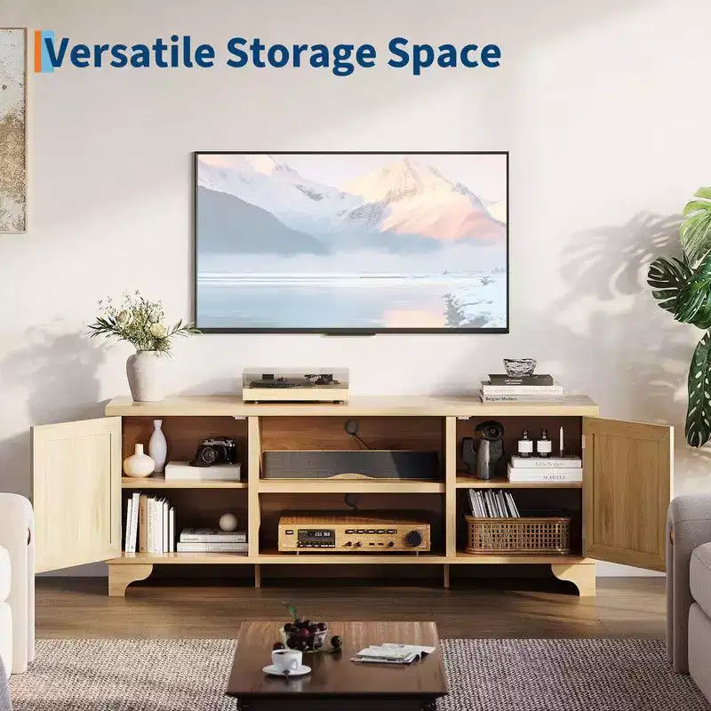 Rattan TV Stand for Living Room, Boho Entertainment Center for 55-70 Inch TV with Storage and Shelf