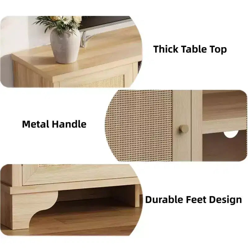 Rattan TV Stand for Living Room, Boho Entertainment Center for 55-70 Inch TV with Storage and Shelf