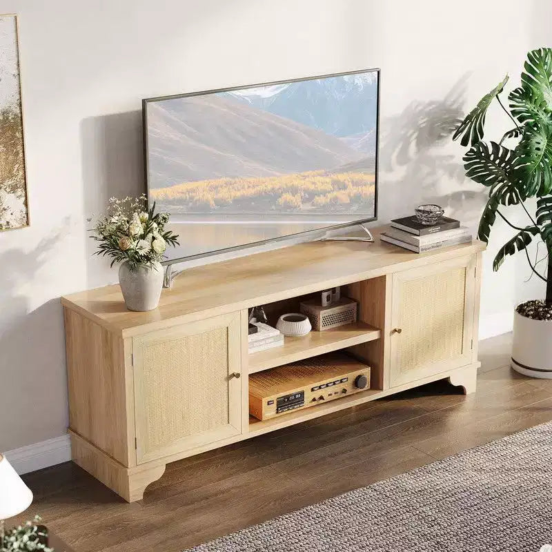 Rattan TV Stand for Living Room, Boho Entertainment Center for 55-70 Inch TV with Storage and Shelf