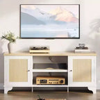 Rattan TV Stand for Living Room, Boho Entertainment Center for 55-70 Inch TV with Storage and Shelf