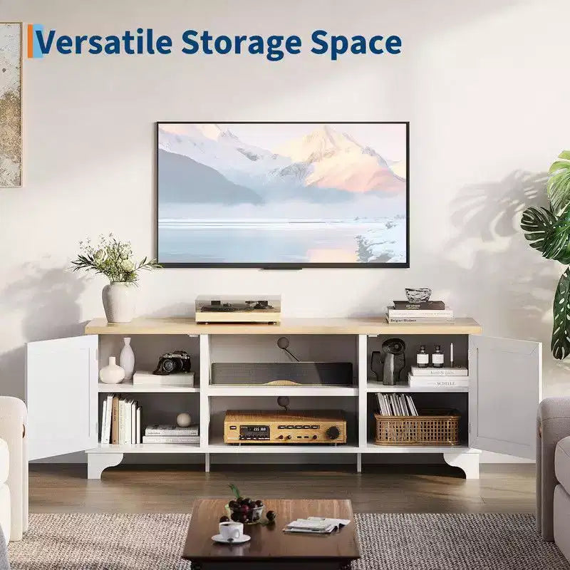 Rattan TV Stand for Living Room, Boho Entertainment Center for 55-70 Inch TV with Storage and Shelf