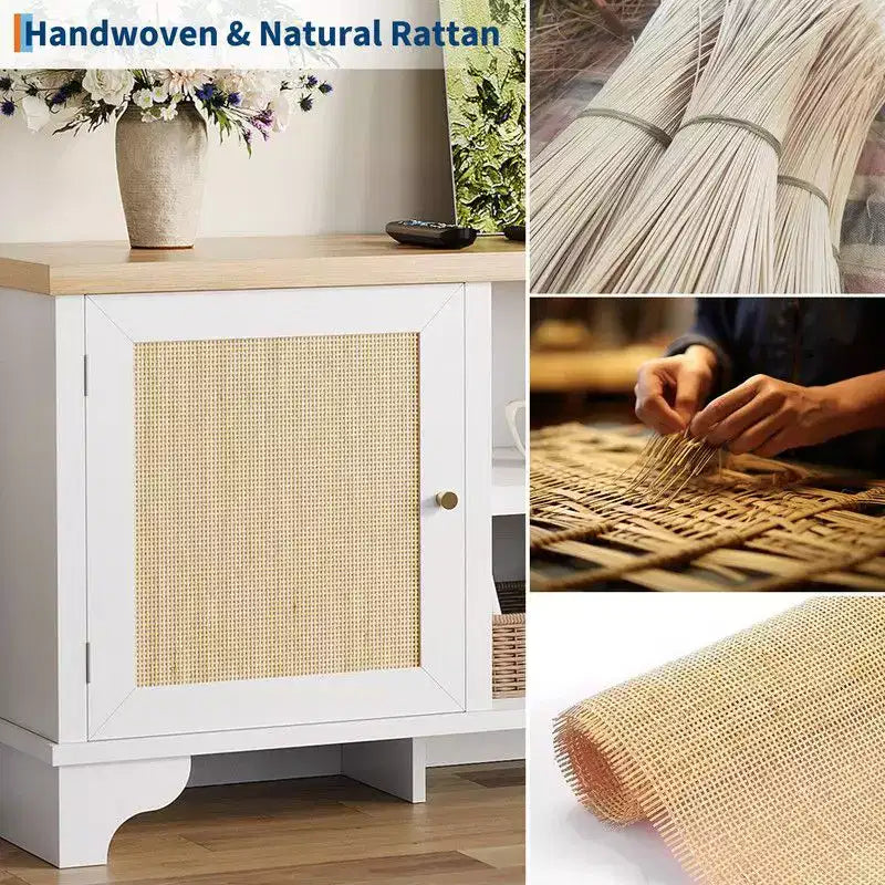 Rattan TV Stand for Living Room, Boho Entertainment Center for 55-70 Inch TV with Storage and Shelf