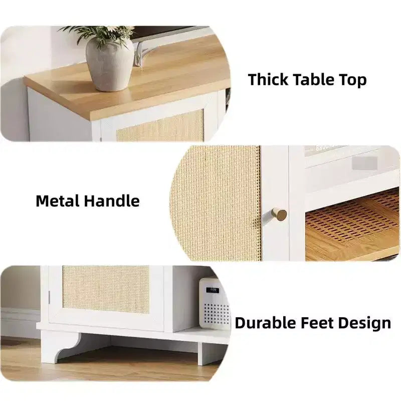 Rattan TV Stand for Living Room, Boho Entertainment Center for 55-70 Inch TV with Storage and Shelf