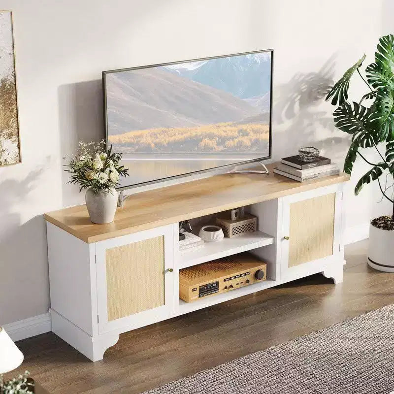 Rattan TV Stand for Living Room, Boho Entertainment Center for 55-70 Inch TV with Storage and Shelf