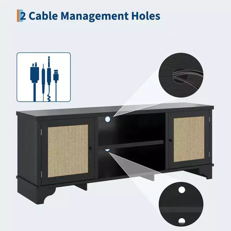 Rattan TV Stand for Living Room, Boho Entertainment Center for 55-70 Inch TV with Storage and Shelf