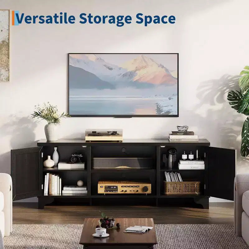 Rattan TV Stand for Living Room, Boho Entertainment Center for 55-70 Inch TV with Storage and Shelf