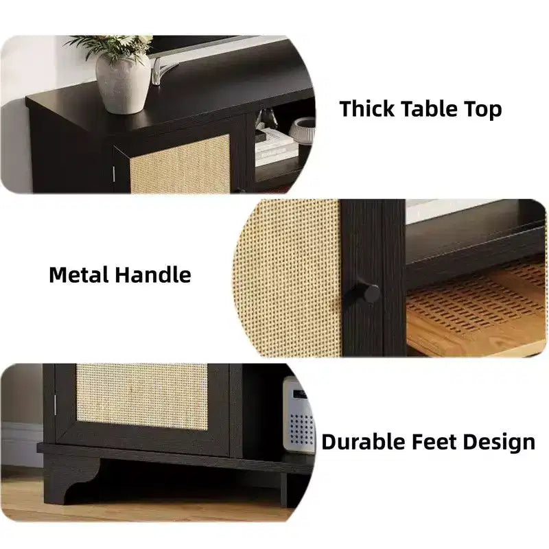 Rattan TV Stand for Living Room, Boho Entertainment Center for 55-70 Inch TV with Storage and Shelf