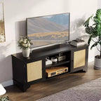 Rattan TV Stand for Living Room, Boho Entertainment Center for 55-70 Inch TV with Storage and Shelf
