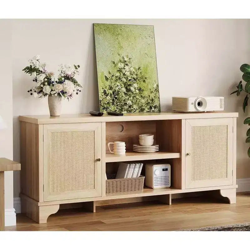 Rattan TV Stand for Living Room, Boho Entertainment Center for 55-70 Inch TV with Storage and Shelf