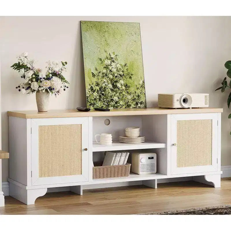 Rattan TV Stand for Living Room, Boho Entertainment Center for 55-70 Inch TV with Storage and Shelf