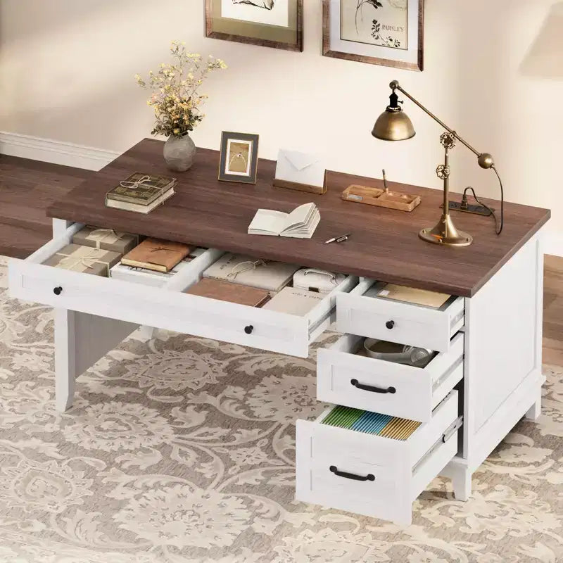 Office Desk with Drawers and File Cabinet, 53.5 Inch, White or Brown