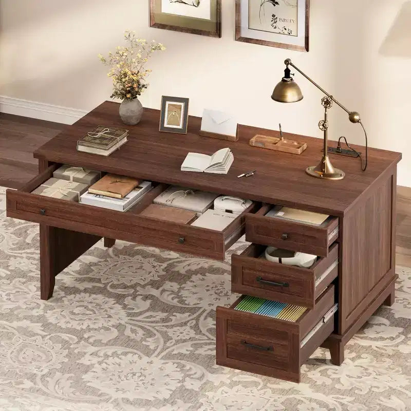 Office Desk with Drawers and File Cabinet, 53.5 Inch, White or Brown