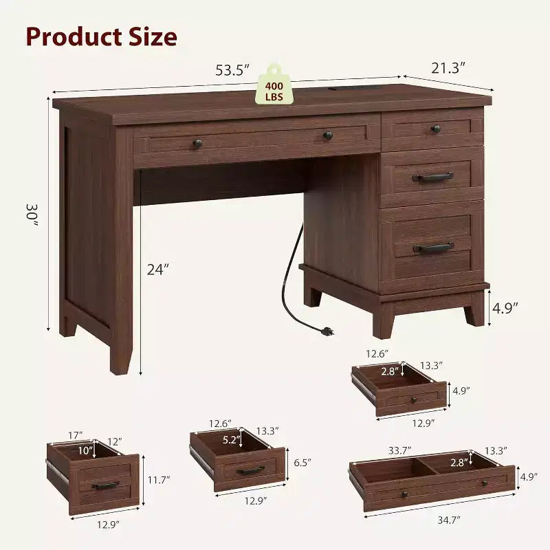 Office Desk with Drawers and File Cabinet, 53.5 Inch, White or Brown