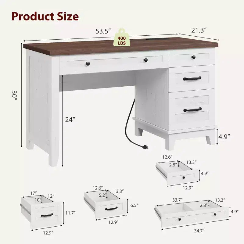 Office Desk with Drawers and File Cabinet, 53.5 Inch, White or Brown