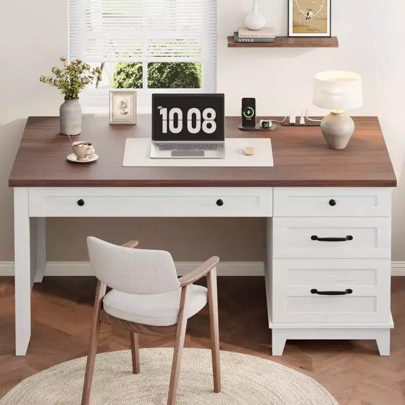 Office Desk with Drawers and File Cabinet, 53.5 Inch, White or Brown
