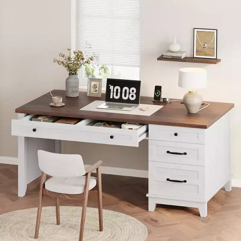Office Desk with Drawers and File Cabinet, 53.5 Inch, White or Brown