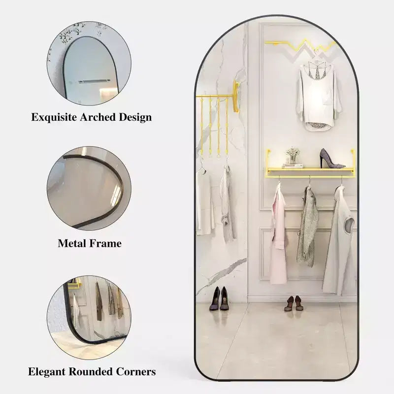 71x32 Inch Arched Full Length Floor Mirror with Metal Frame, Black