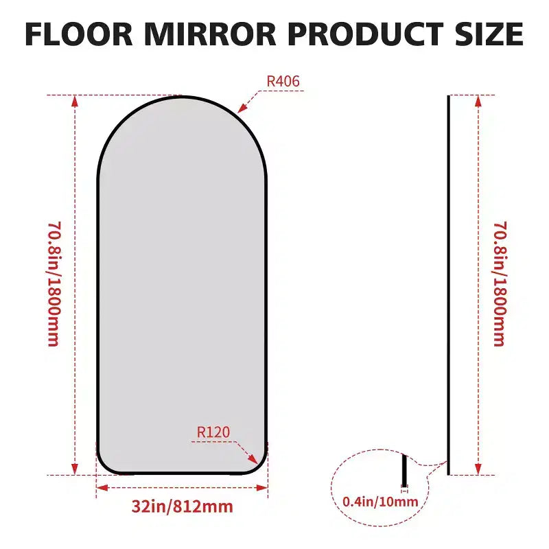 71x32 Inch Arched Full Length Floor Mirror with Metal Frame, Black