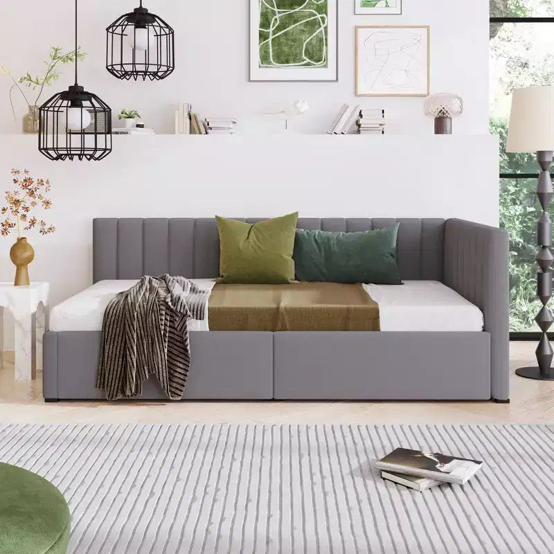 Twin Size Upholstered Daybed with Storage Drawers - Gray