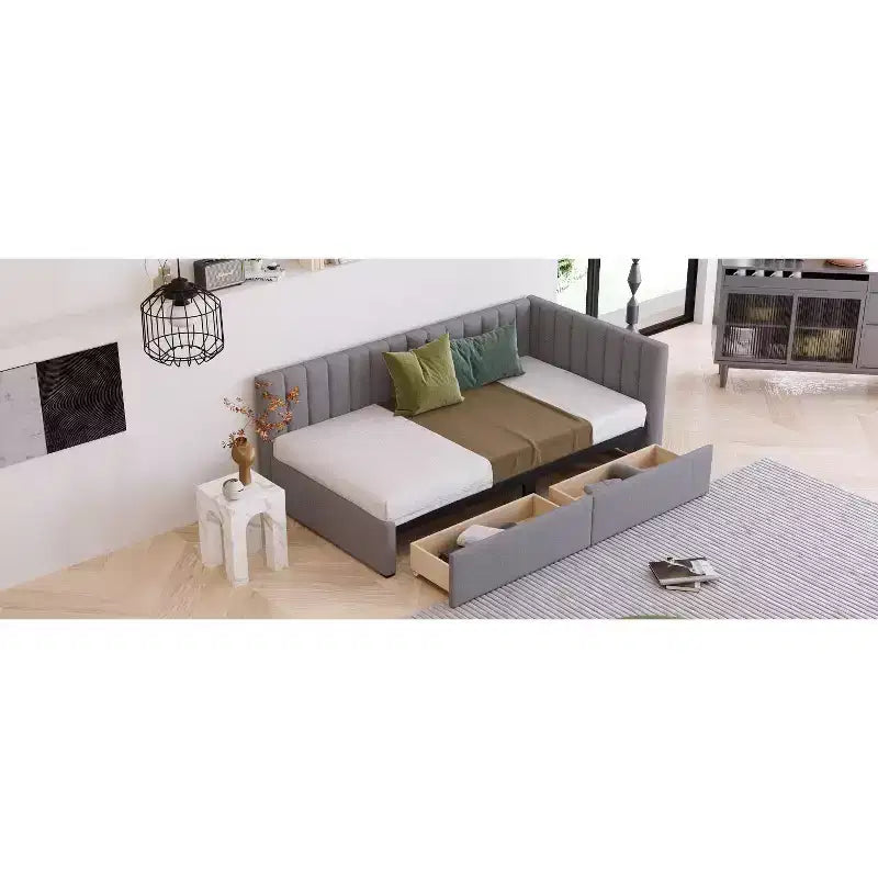 Twin Size Upholstered Daybed with Storage Drawers - Gray
