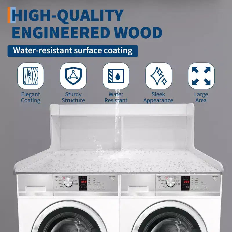 2-Tier Wood Countertop for Washer and Dryer with Edge Rails and Anti-Slip Pads