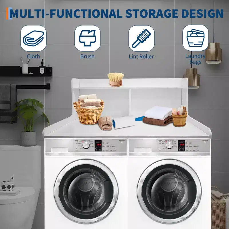 2-Tier Wood Countertop for Washer and Dryer with Edge Rails and Anti-Slip Pads
