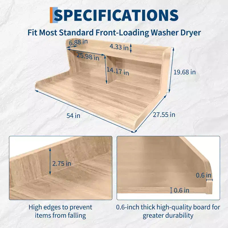 2-Tier Wood Countertop for Washer and Dryer with Edge Rails and Anti-Slip Pads