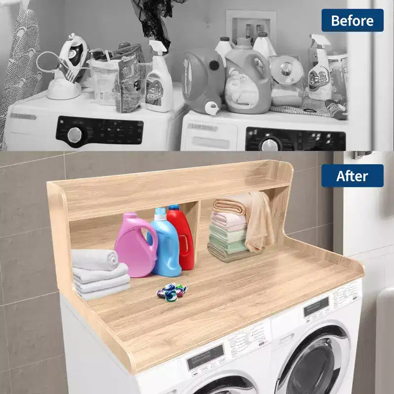 2-Tier Wood Countertop for Washer and Dryer with Edge Rails and Anti-Slip Pads