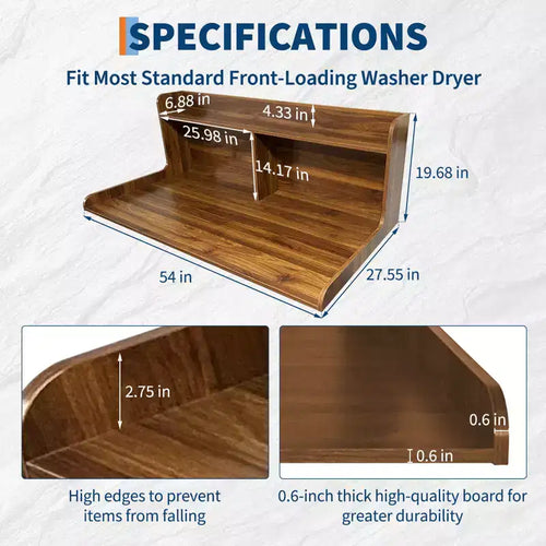 2-Tier Wood Countertop for Washer and Dryer with Edge Rails and Anti-Slip Pads