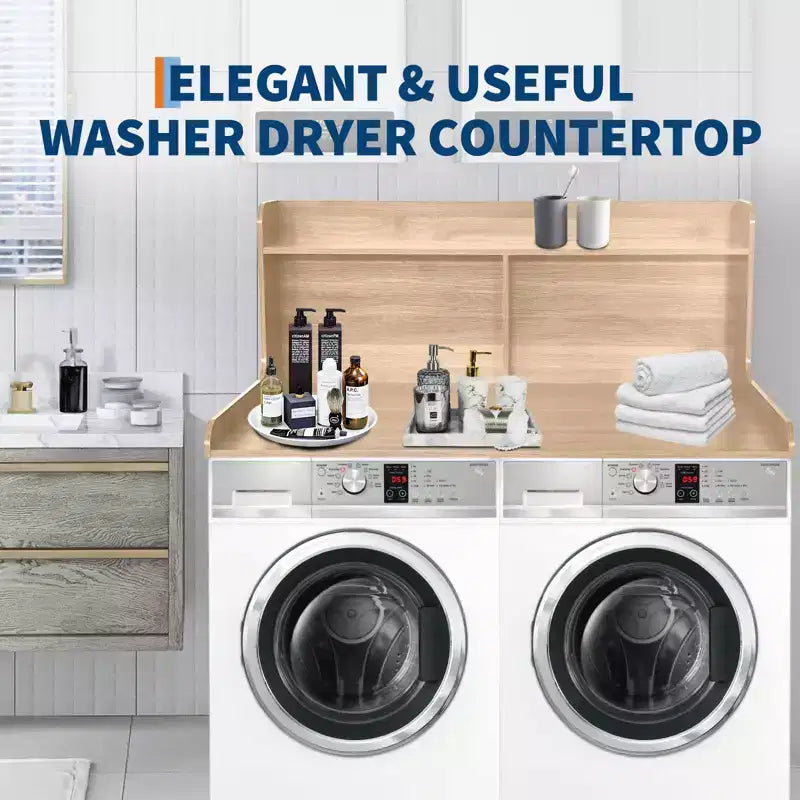 2-Tier Wood Countertop for Washer and Dryer with Edge Rails and Anti-Slip Pads