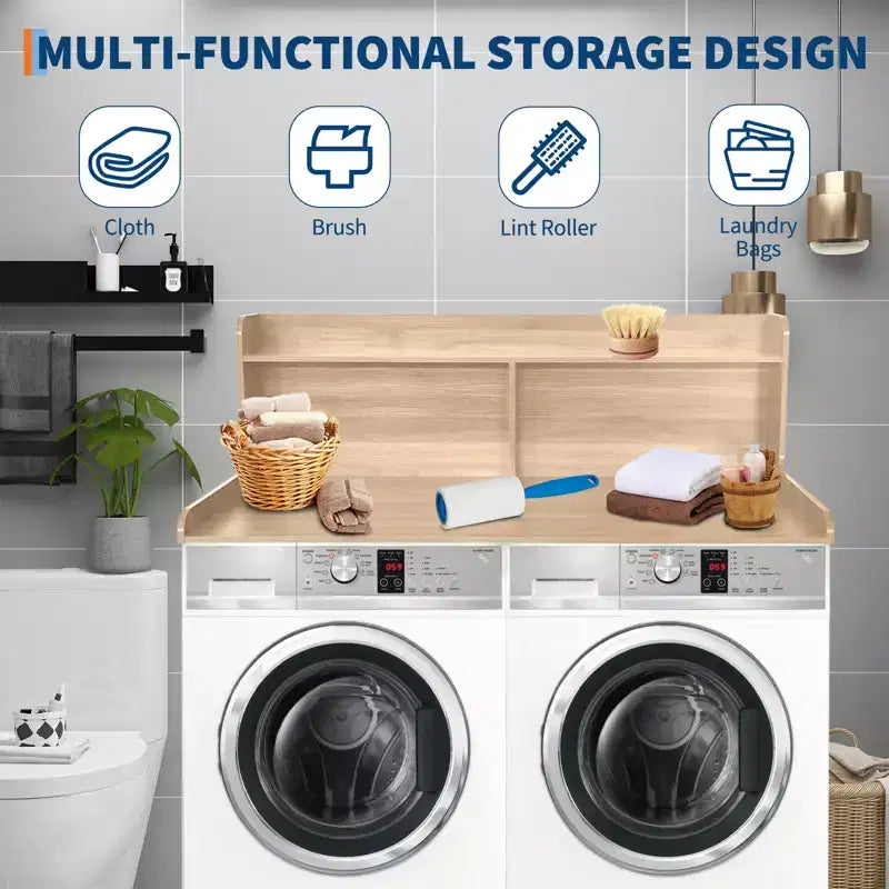 2-Tier Wood Countertop for Washer and Dryer with Edge Rails and Anti-Slip Pads