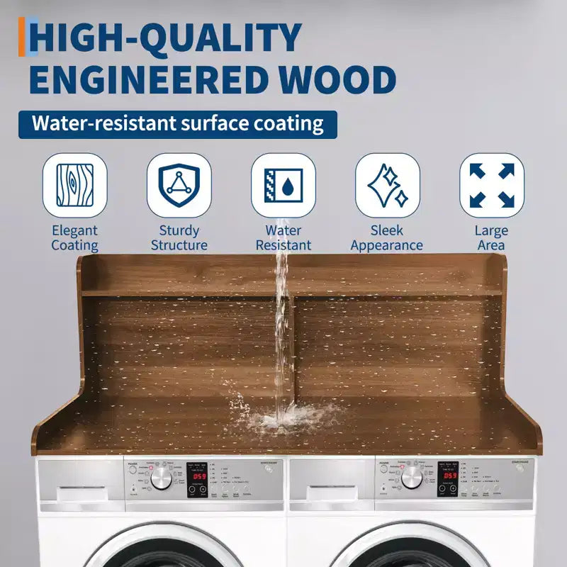 2-Tier Wood Countertop for Washer and Dryer with Edge Rails and Anti-Slip Pads