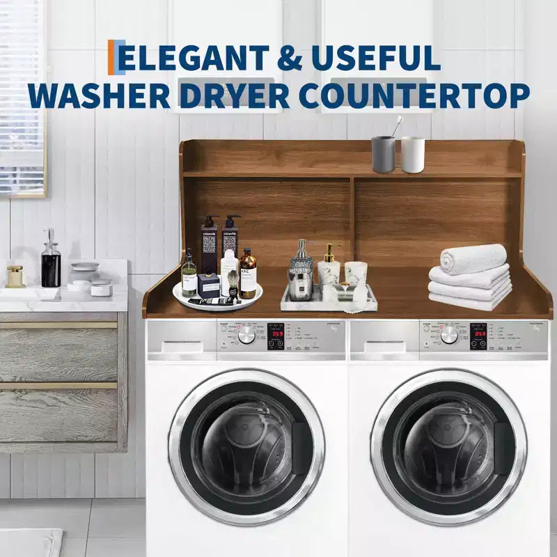 2-Tier Wood Countertop for Washer and Dryer with Edge Rails and Anti-Slip Pads