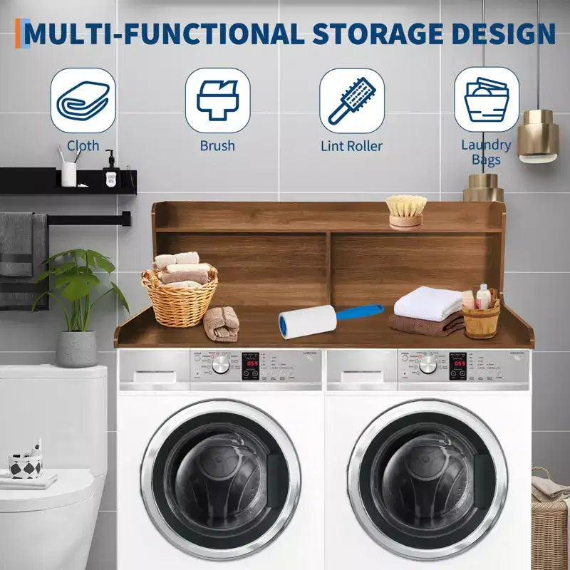 2-Tier Wood Countertop for Washer and Dryer with Edge Rails and Anti-Slip Pads
