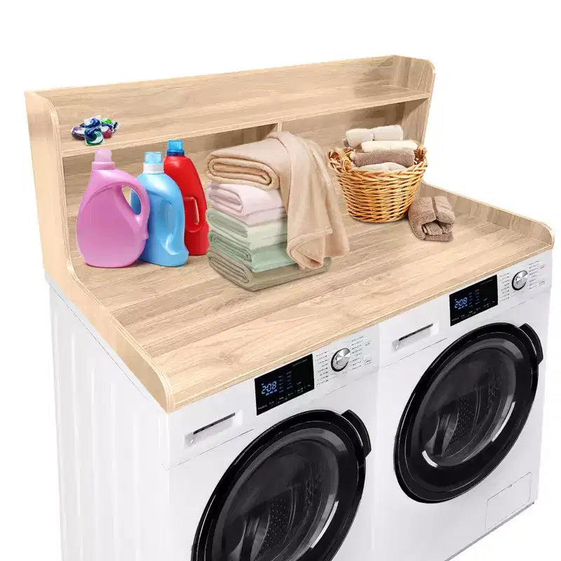 2-Tier Wood Countertop for Washer and Dryer with Edge Rails and Anti-Slip Pads