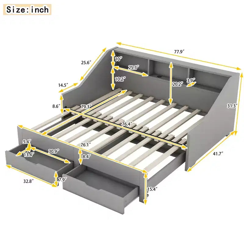 Twin to King Size Daybed Frame with Storage Bookcases, Two Drawers and Charging Station - Gray