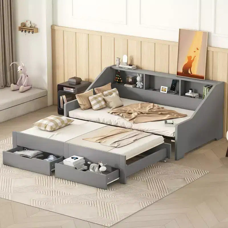 Twin to King Size Daybed Frame with Storage Bookcases, Two Drawers and Charging Station - Gray