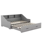 Twin to King Size Daybed Frame with Storage Bookcases, Two Drawers and Charging Station - Gray